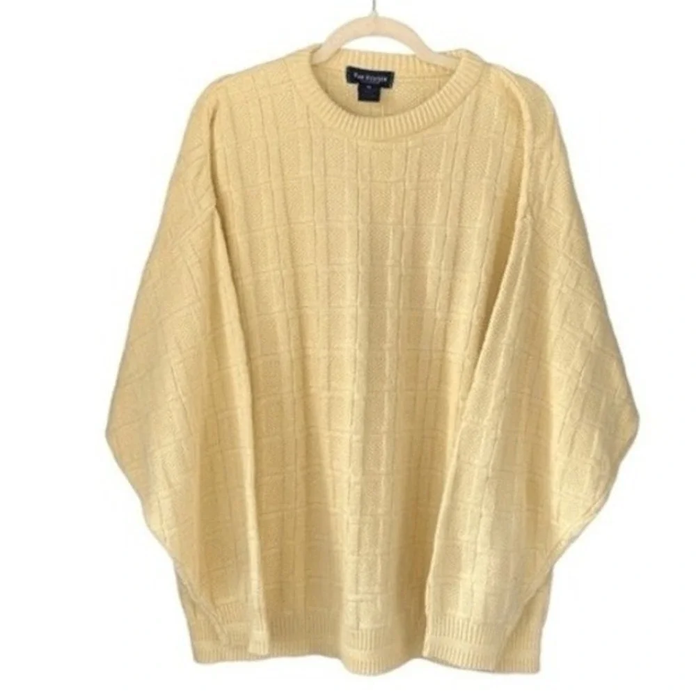 VTG Van Heusen 100% Cotton‎ Grandpa Sweater Butter Yellow Waffle Windowpane Knit